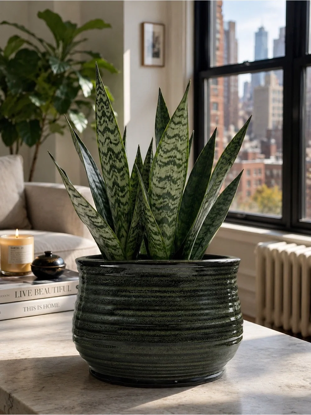 Green Ceramic Planter Pot with Drainage Hole, 8 Inch Ribbed Round Flower Pot